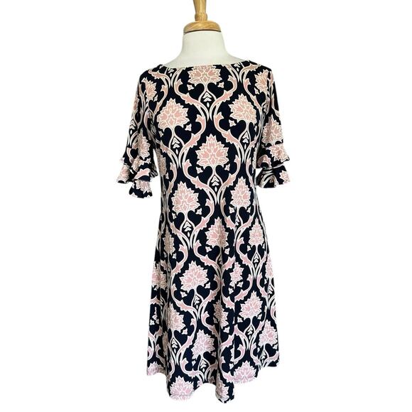 Ronni Nicole Dress Sz 8 Sheath Blue Pink Textured Batik Floral Flutter Sleeve - Picture 1 of 9